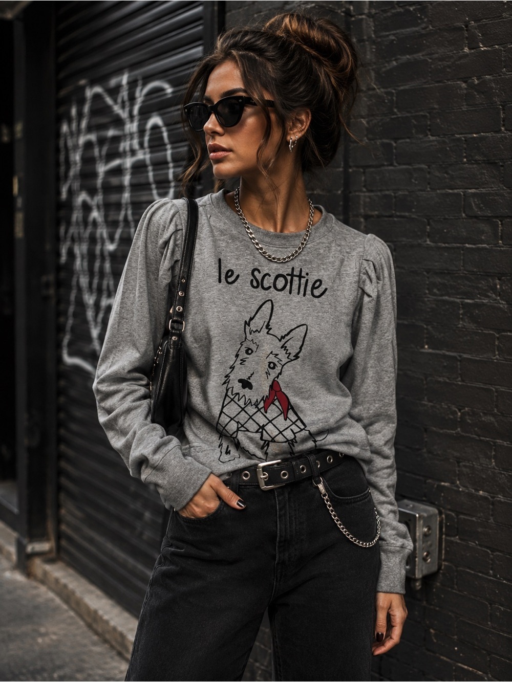 NWT Puff Sleeve Le Scottie Dog Charter Club Heather Grey Sweatshirt Petite Small